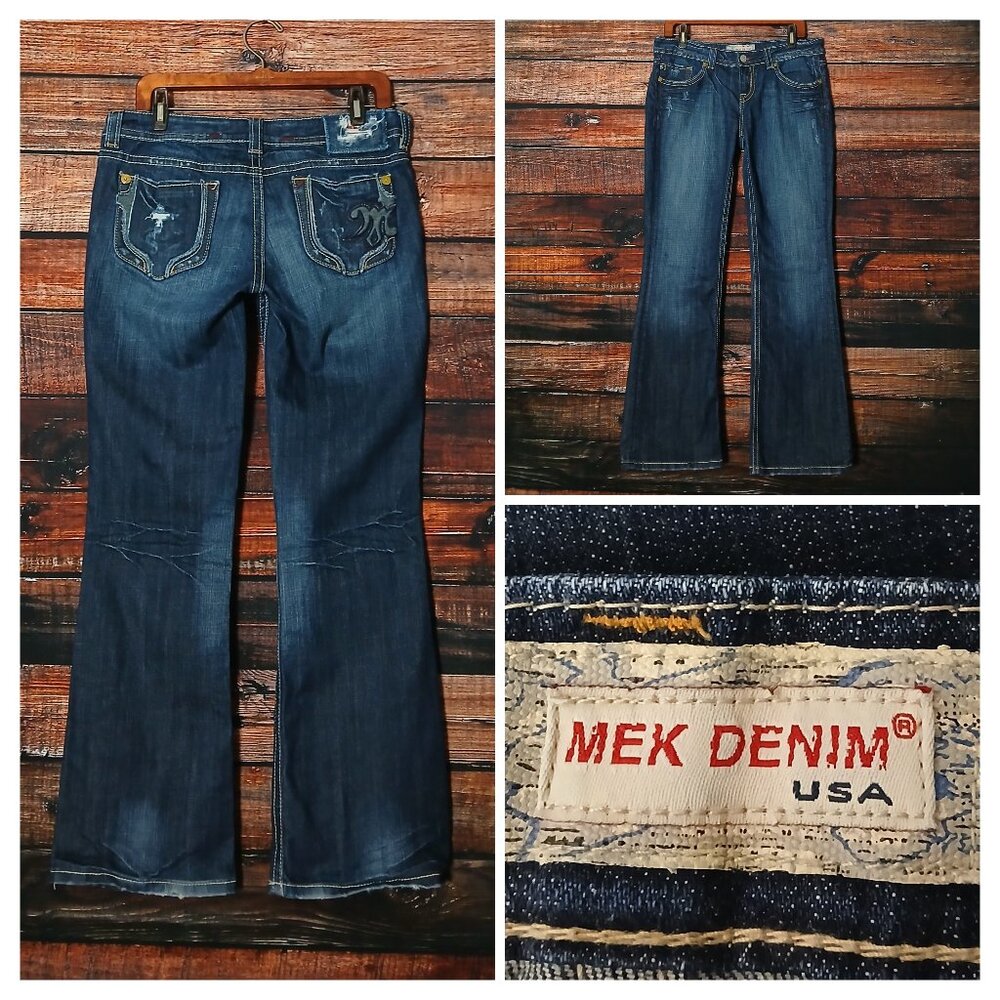 MEK Denim Jeans 31 12 Jaipur Boot Cut Low Rise Distressed Dark Wash Stretch